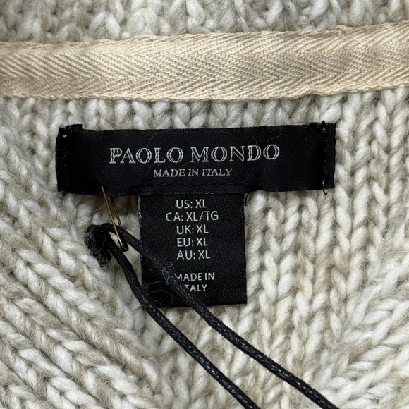 Paolo Mondo Shawl Collar Cable Knit Sweater Mens XL Italy Beige Wool Blend NWT - Picture 4 of 10